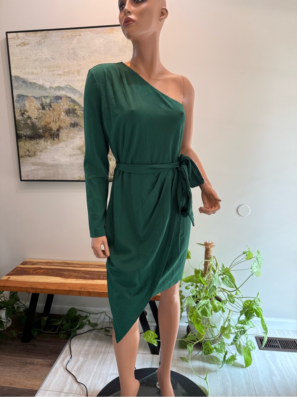 One-Shoulder Emerald Green faux Wrap Dress with Tie Medium /large nwt